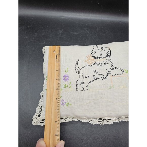 Vintage Hand Embroidered Scottish Terrier Scottie Dog Toss Pillow 12x8" Lace - Picture 11 of 11